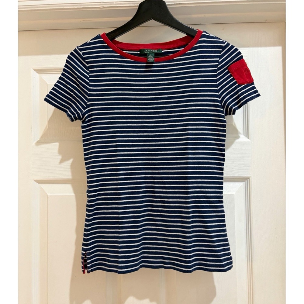 Lauren Ralph Lauren Women's S Navy White Red Striped Crew Neck T-Shirt
